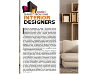 Magazine cover titled '20 Most Promising Interior Designers' with modern sofa and shelves.