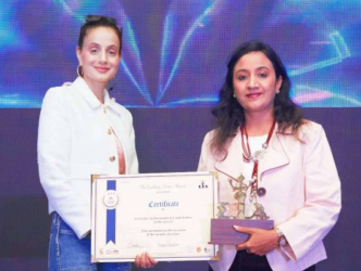 Golden trophy with globe design on black base, representing global achievement and excellence.