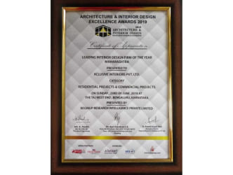 Framed award certificate for Ksquare Interiors as Leading Interior Design Firm of the Year 2019.
